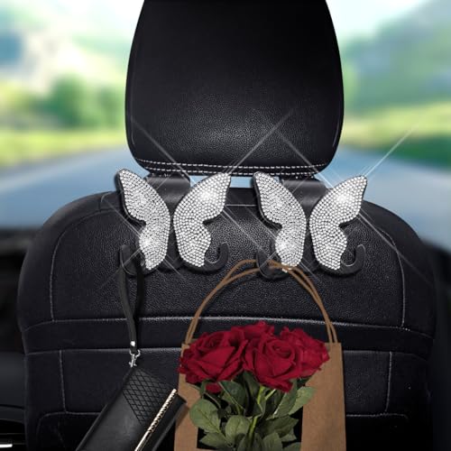 2 Pack Butterfly Bling Car Seat Headrest Hooks for Purses and Bags Aesthetic Design Car Hooks Rhinestones Hanger for Car Back Seat Organizer Storage Hook Bling Black Car Accessories for Women
