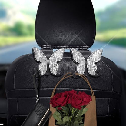2 Pack Butterfly Bling Car Seat Headrest Hooks for Purses and Bags Aesthetic Design Car Hooks Rhinestones Hanger for Car Back Seat Organizer Storage Hook Bling Black Car Accessories for Women