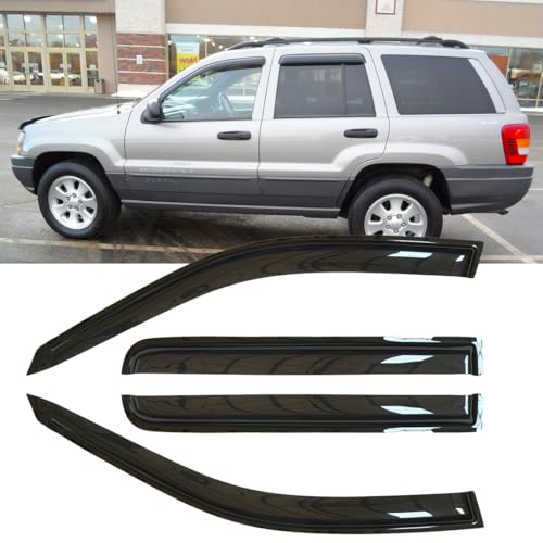 4pcs Original Shatterproof Rainproof Outside Mount Style Tape On Sun Rain Guard Side Window Wind Deflectors Stylish Vent Window Visors Compatible with 1999-2004 Grand Cherokee 94650 - size: for 1999-2004 Jeep Grand Cherokee