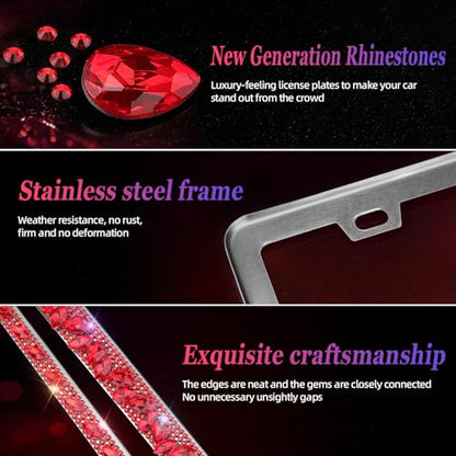 OKLPF Rhinestone Bling License Plate Frames for Women - Sparkle with Glitter Crystals & Diamond Bedazzled License Plate Cover, Fits Standard US Plates, Comes with Anti-Theft Screws & Gift Box(Red) - color: Red, size: 2pc