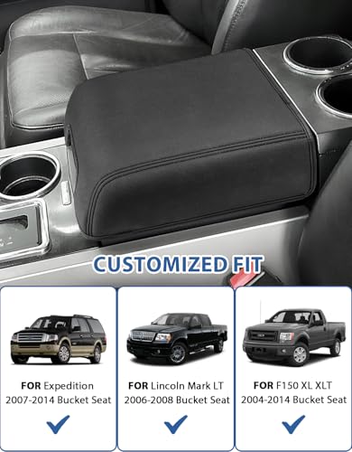 Center Console Cover for Ford F150 XL XLT 2004-2014, Expedition 2007-2014, Lincoln Mark LT 2006-2008, PU Leather Middle Armrest Cusion Protector, Bucket Seat Only, Anti-Scratch - size: Bucket Seat, 04-14 F150 XL XLT, black stitch