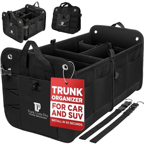 TRUNKCRATEPRO Trunk Organizer For Car, Suv, Truck | Premium Adjustable Multi Compartments Collapsible Car Trunk Organizer With Securing Straps & Non-Slip Bottom (Large Size, Black) - color: Black, size: Large