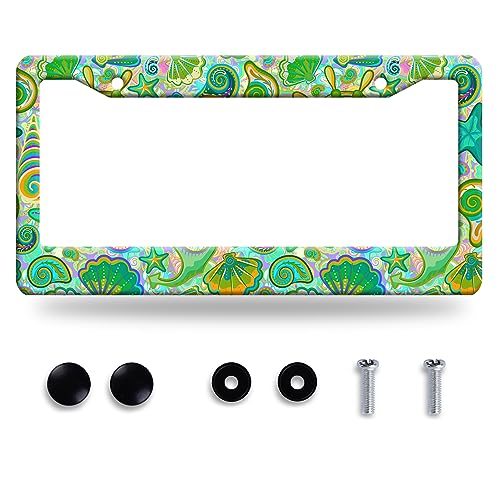 Colorful Marine Life License Plate Frame Funny Starfish Shell License Plate Stainless Steel Auto Parts Beautiful License Plate Decoration with Holes Screws Size 12.3" x 6.3" - color: Colorful Sea Creatures Pattern
