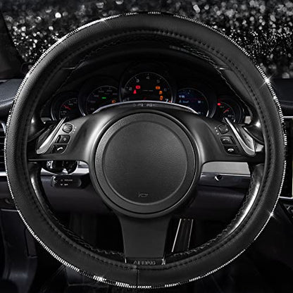 CAR PASS Bling Cow Print Diamond Steering Wheel Cover, with Sparkly Crystal Glitter Rhinestones Black Leather Car Wheel Protect for Women Girl Fit Suvs,Vans,Sedans,Cars,Trucks, 14" 1/2-15" Cow Design - color: Cow Diamond