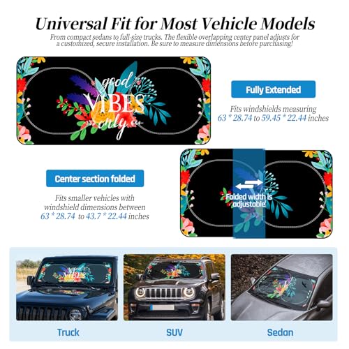 63"x28.5" Car Windshield Sun Shade with Storage Pouch, Stylish Printed Front Window Sunshade with Double Ring Frame, Universal Fit Foldable Heat Blocker & UV Protector for SUV, Sedan (Good Vibes) - color: Good Vibes