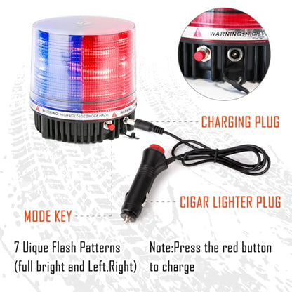 Red and Blue Wireless Rotating Beacon Led Strobe Warning Light Roof Top Plow Hazard Flash Emergency Lights 12V with Magnetic Base Mount and Rechargeable Cigar Lighter Plug (Red/Blue, 18 LED) - color: Red/Blue