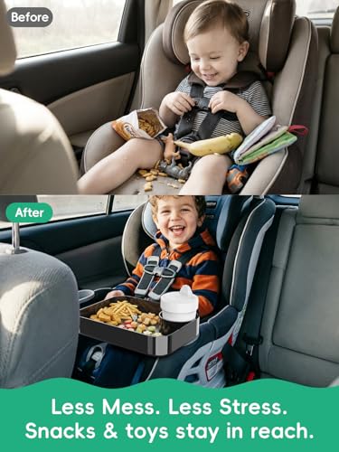 Car Seat Cup Holder Snack Tray for Kids, Reduces Mess, Detachable Large Base & Adjustable Ring, Carseat Tray for Toddler, Car Seat Food Tray Eating Table for Kids Travel Road Trip Essentials
