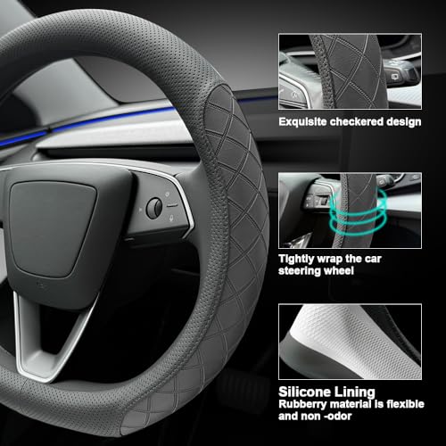 LKWLIKEI Leather Steering Wheel Cover. Elegant Diamond Checkered Design, Non-Slip and Breathable, for Tesla Model 3/Y Steering Wheel Protector,Black - color: Black