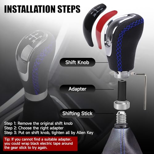 Universal 5/6 Speed Leather Car Racing Gear Shift Shifter knob,Artificial Leather and ABS Black Stitching Shift Knob with 4 Adapters,Replaceable 3 Gear Position Pastors(Black+Blue Line) - color: 5/6 Speed Leather(Black+Blue Line)