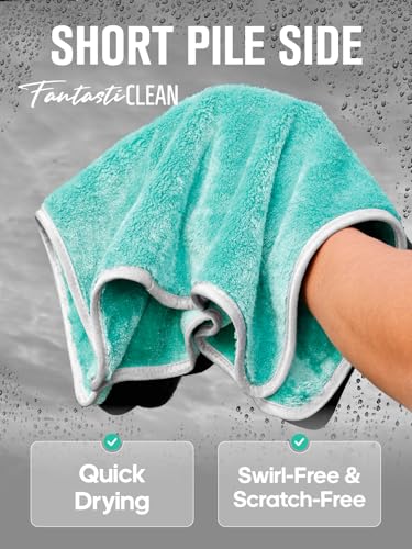 Fantasticlean Microfiber Car Detailing Towels, Car Drying Towel with Edge, Plush, Coral Fleece, 700GSM, 16" x 16", 6 Pack, Scratch-Free, Ultra Absorbent, Car RV Boat House Cleaning (Grey and Green)