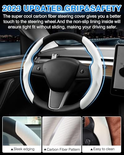 Shademax Custom for Tesla Steering Wheel Cover, Tesla Model Y 2020-2025/ Model Y Juniper 2026/ Model 3 2017-2025 2026 (Fit Model 3 Highland) Carbon Fiber Steering Wheel Cover Model Y/3 Accessories - color: A-White (Carbon Fiber )