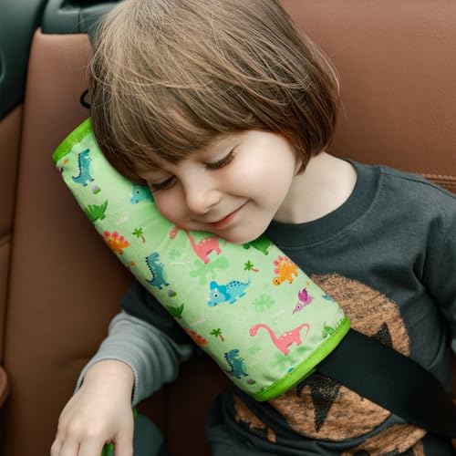 COOLBEBE Seat Belt Pillow for Kids, Extra Soft Toddler Travel Pillow for Car Seat, Universal Carseat Strap Cushion Pads for Childs Baby People Adults, Green Dinosaurs - color: Green Dinosaurs, size: Large (Pack of 1)