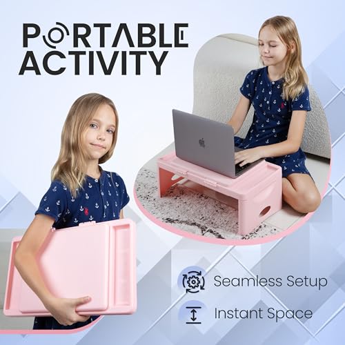 Loddie Doddie Folding Lap Desk - Blush, Plastic & Steel - Sturdy Car Seat Tray for Kids Travel - Lap Desk with Storage Pocket & Accessory Trays - Fits Most Laptops as Laptop Bed Table - color: Blush