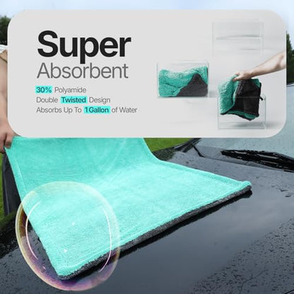 Crystal Clean 1300GSM Microfiber Towels for Cars – XL Drying Towel with Double Twisted Loop, Professional Detailing Towel Car Detailers - Quick Dry, Paint Safe & Swirl-Free (Grey+Green) - color: Grey+green