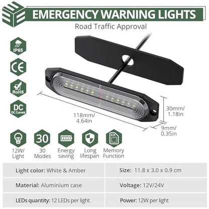 EYPINS LED Surface Mount Strobe Lights Kit,White Amber Flashing Car Truck Strobe Light,8pcs Surface Mount Emergency Warning Flashing Strobe Lights,30 Strobe Mode,Memory Function,12V,24V,Waterproof