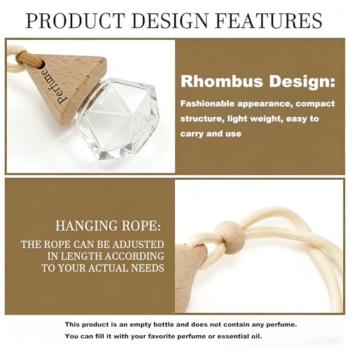 2-Pack Hanging Car Air Freshener, Refillable Glass Diffuser Bottle with Wooden Cap, Drift Car Freshener for Essential Oils, Long-Lasting Scent - Car Accessories for Women Men-Rhombus - size: Rhombus - 2PCS