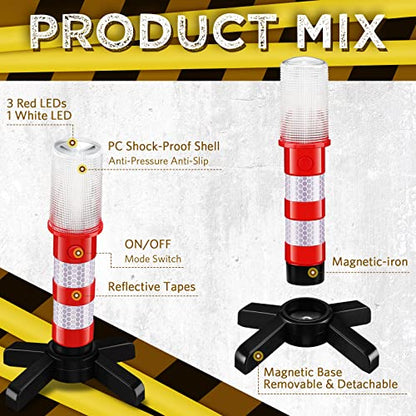 Riakrum 6 Pcs Emergency Roadside Flares Bulk Kit LED Safety Strobe Road Warning Light Bright Red Safety Beacon Strobe Light Roadside Flare Magnetic Base Detachable Stand Vehicle (Batteries Excluded)