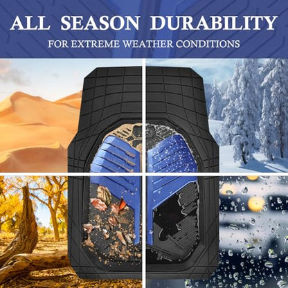 CAR PASS Heavy Duty Rubber Car Mats, Deep-Dish Car Floor Mats All Weather, Universal Two-Tone Trim-to-Fit for SUVs Trucks Sedans, Waterproof Anti-Slip, 3 Pieces V12 Black and Metallic Blue - color: Blue and Black