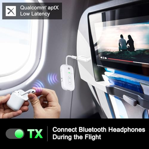 Premium Airplane Bluetooth 5.4 Transmitter Adapter, for 2 AirPods/Headphones,2 in 1 Transmitter Receiver with aptX Low Latency,Wireless Adapter for Flight,TV,Gym,Tablets Car Stereo - color: White