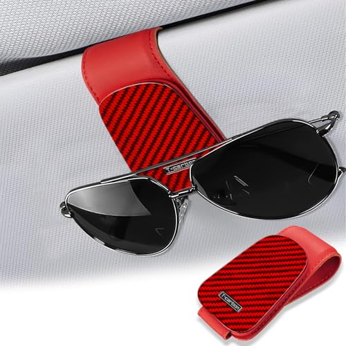 T-carbon Sunglass Holder for Car Sun Visor,Magnetic Leather Sunglasses Hanger,Glass Fiber Sunglasses Holder and Ticket Card Clip, Car Visor Accessories,Red - color: Red