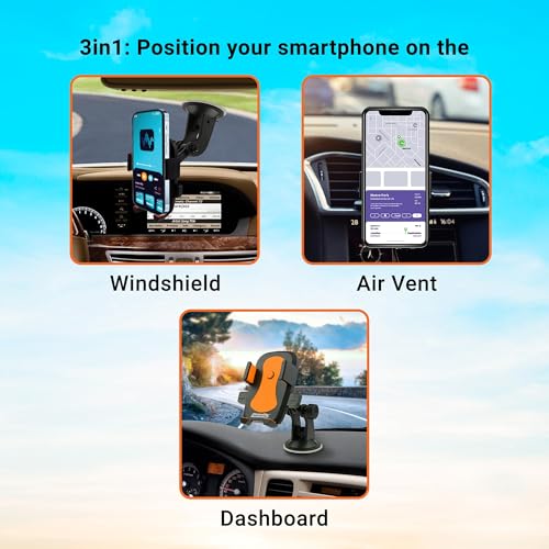 Armor All Phone Mount for Cars, 3-in-1 Phone Holder, Suction Dashboard, Windshield, & Vent Mount, 360° Rotation, Fits iPhone Max, Android, and All Smartphones, 3.5” inch Grip, Quick Release Button