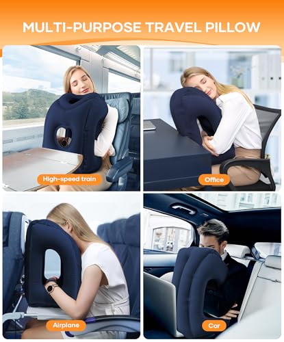 Sunany Travel Pillow, Upgraded Plane Pillow for Long Flights, Inflatable Neck Pillow Used for Airplanes,Cars,Buses,Trains,Office Napping with Eye Mask,Earplugs (Blue) - color: Blue (Head Heart-shape&sloping Base)