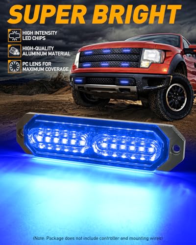 HLauto 1200T Emergency Strobe Grille Lights: 8pcs 12 LED Sync Feature Safety Warning Flashing Light, Ultra Slim Surface Mount Hazard Caution Lights for Trucks, Vehicles, Car, ATV, UTV (Blue) - color: Blue