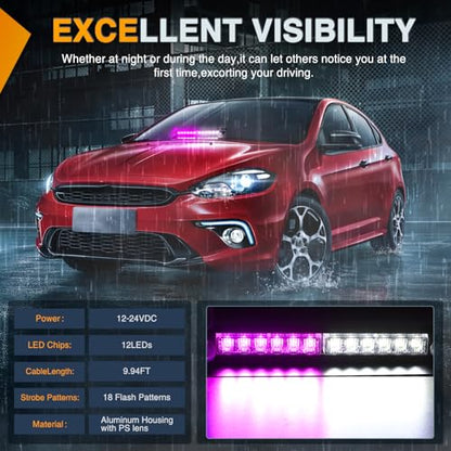 Nilight 12LED Traffic Advisor Strobe Light Bar Purple White Emergency Warning Hazard Safety Dash Front/Rear Windshield Flashing Lights for Cars Trucks Police Firefighter Plow Construction Vehicles - color: Purple White