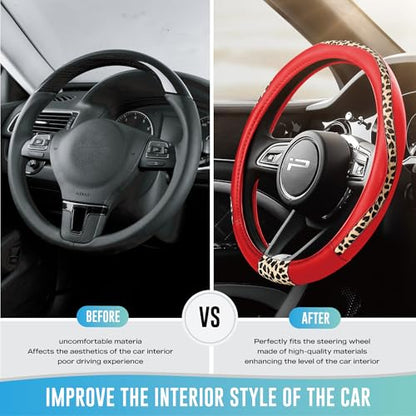 Road Comforts Steering Wheel Cover - Made with PVC Leather and Leopard Fabric - Universal 14 1/2 inches to 15 inches for Most Automotive Steering Wheel - Cheetah Print -Red - color: Round-Red