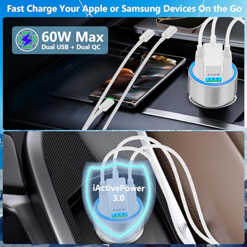USB Car Charger, Stuffcool 60W Dual USB-A + QC3.0 Power Cigarette Lighter Adapter 4-Port Car Charger Carplay Fast Charging for iPhone 17 17 Pro Max 16 15 14 13 12/Galaxy S26 S25 S24 S23/Pixel 9 8/iPad - color: Matte Silver