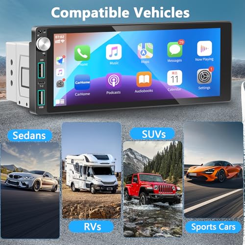 Single Din Car Stereo with Apple Carplay Android Auto,6.9 Inch IPS Touchscreen, 1 Din Car Audio Receivers wtih Bluetooth Handsfree/FM/AM/Dual USB/Type-C/EQ/SWC/GPS Navigation/Backup Camera/Microphone