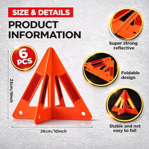 Safety Triangles for Vehicles, 6 Set Emergency Warning Reflective Triangles, Modular Two-Piece Design, High Visibility Roadside Safety Triangles for Car, Truck, SUV