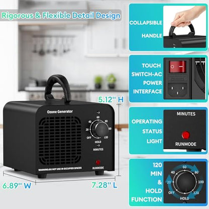 Ozone Generator 65,000mg/h,Commercial/Home Ozone Odor Eliminator, Portable High-capacity O3 Ion Deodorizer, Suitable for 4500 Square Feet of Cars, Pets, Kitchens, Smoke-filled Spaces(Black)