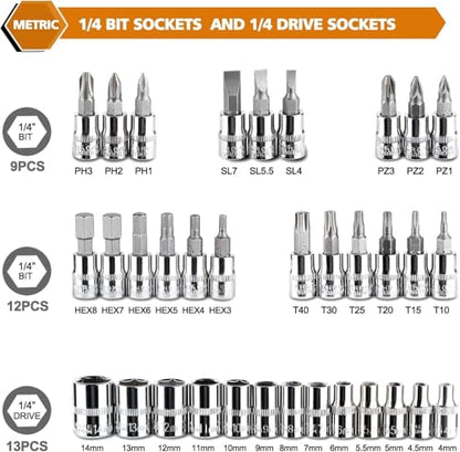 Egofine 46 Pieces 1/4 inch Drive Socket Ratchet Wrench Set, with Bit Socket Set Metric and Extension Bar for Auto Repairing and Household, with Green Storage Case - style: 1/4" 46 PCS-Green