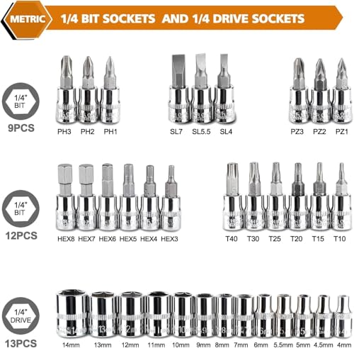 Egofine 46 Pieces 1/4 inch Drive Socket Ratchet Wrench Set, with Bit Socket Set Metric and Extension Bar for Auto Repairing and Household, with Blue Storage Case - style: 1/4" 46 PCS-Blue