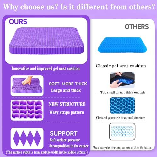 Gel Seat Cushion for Long Sitting, Soft and Breathable, Seat Cushion for Back, Sciatica, Tailbone, Hip Pain Relief, Used for Office Chair, Wheelchair, Car, Recliner, Truck, Kayak.(Púrpura)
