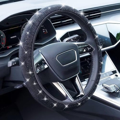 Bling Steering Wheel Cover, Rhinestone Steering Wheel Cover with Crystal Diamond for Women, Sparkling Car Wheel Protector Universal Fit 14-15 inches - Black - color: black