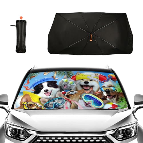Car Windshield Sun Shade Umbrella Beach Dogs Car Foldable Umbrella Sunshade for Front Window Car Accessories Car Windshield Foldable Umbrella Blocks Uv Rays - color: Beach Dogs
