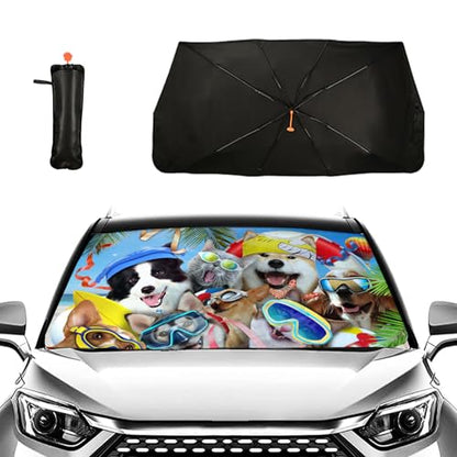 Car Windshield Sun Shade Umbrella Beach Dogs Car Foldable Umbrella Sunshade for Front Window Car Accessories Car Windshield Foldable Umbrella Blocks Uv Rays - color: Beach Dogs