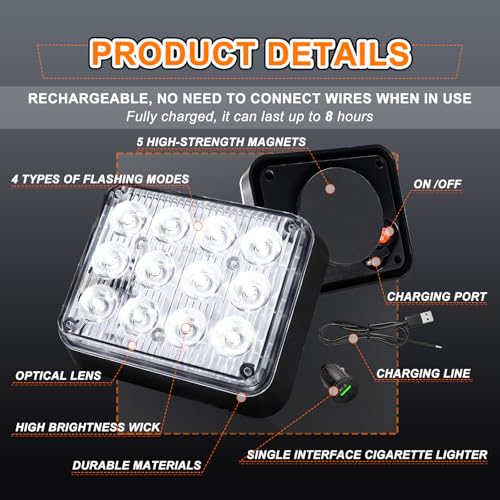 2PCS Battery Operated Led Strobe Light, Magnetic Wireless LED Rechargeable Strobe Light for Trucks Car Surface Mount Beacon Warning Emergency Flashing Light for Vehicles Trucks Tow (White) - color: White
