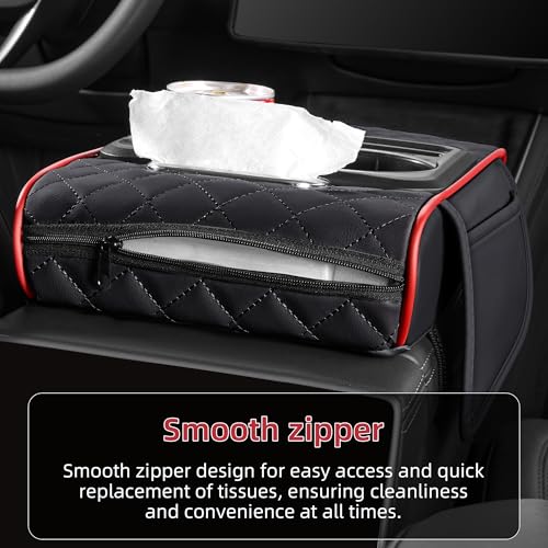 5 in 1 Car Center Console Cover, Armrest Pad with 2 Storage Pockets, Cup Holder, Tissue Box Slot, Phone Holder, Universal Car Interior Organizer (Black with Red Stitching) - color: Black with Red Stitching