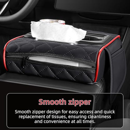 5 in 1 Car Center Console Cover, Armrest Pad with 2 Storage Pockets, Cup Holder, Tissue Box Slot, Phone Holder, Universal Car Interior Organizer (Black with Red Stitching) - color: Black with Red Stitching