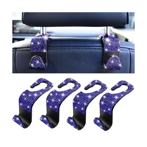 Mandark 4PCS Bling Car Seat Headrest Hooks, Crystal Rhinestone Vehicle Seat Back Hanger for Grocery Purses Handbags, Diamond Auto Seatback Storage Organizer Hanger, Universal for Most Cars (Blue) - color: Blue