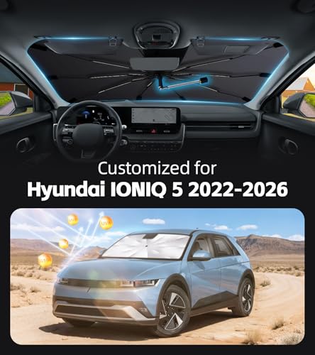 Windshield Sun Shade for Hyundai IONIQ 5 2022-2026 with 360° Rotating Shaft, Custom Fit Umbrella Sunshade for UV Blocking, Interior Heat Protection, Easy Storage - size: Fit for Hyundai IONIQ 5 2022-2026