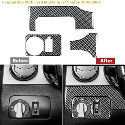 Car Interior Decals Headlight Switch Panel Cover Carbon Fiber Accessories Trim Sticker Compatible with Ford Mustang GT Shelby 2005 2006 2007 2008 2009 3PCS - color: Headlight Panel-black