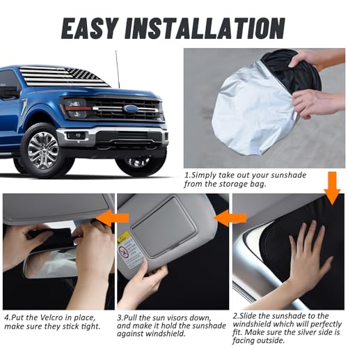 D-Lumina Windshield Sun Shade for 2015-2020 F-150 F150 Lariat, King Ranch, Platinum, XL XLT Limited Raptor, Front Window Sunshade American Flag Sun Visor Protector, Foldable 2 Layers 210T Material - size: Silver & Black-Fit 2015-2020 Ford F150