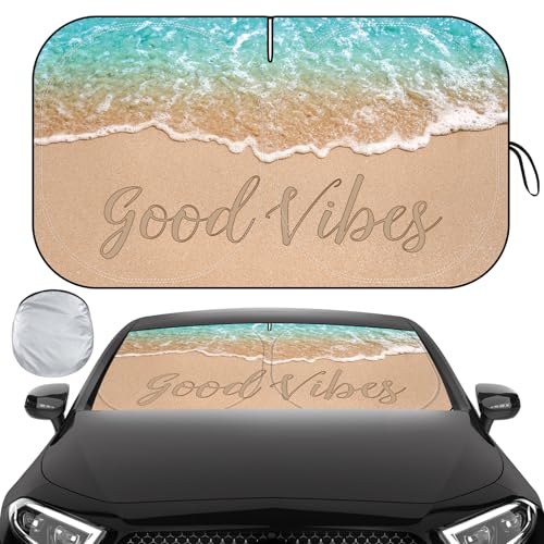 Windshield Sun Shade, Car Sun Shade Windshield, Reflector Sunshade Offers Ultimate Protection for Car Interior, Reflective Polyester Blocks Heat for Sedans, Mini SUVs, Hatchbacks - 57 x 31.5 inches - color: Blue Beach, 57"x31.5"