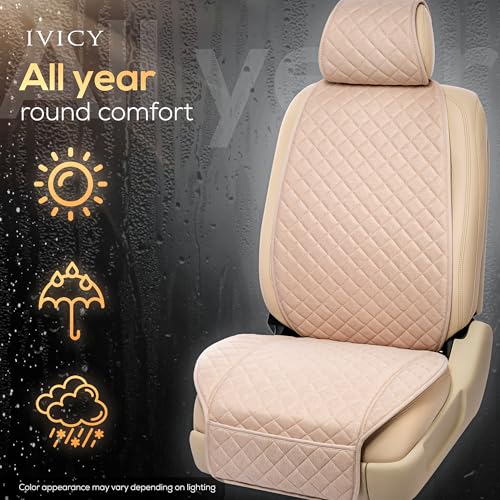IVICY Faux Linen Front Car Seat Cover – Durable, Non-Slip Seat Protector for Cars – 1 Unit, Light Beige - color: BEIGE HYB LN