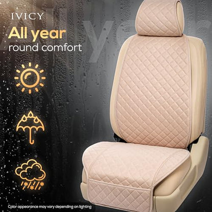 IVICY Faux Linen Front Car Seat Cover – Durable, Non-Slip Seat Protector for Cars – 1 Unit, Light Beige - color: BEIGE HYB LN