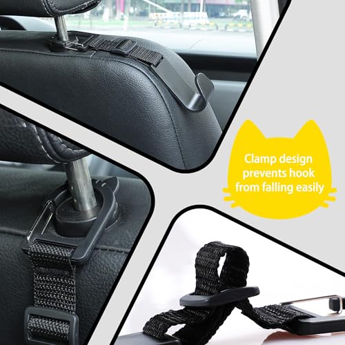 Adjustable 4-Pack Car Headrest Hooks Cute Cat Pattern Universal Seat Back Organizer with Clip for Purses Bags Groceries Black